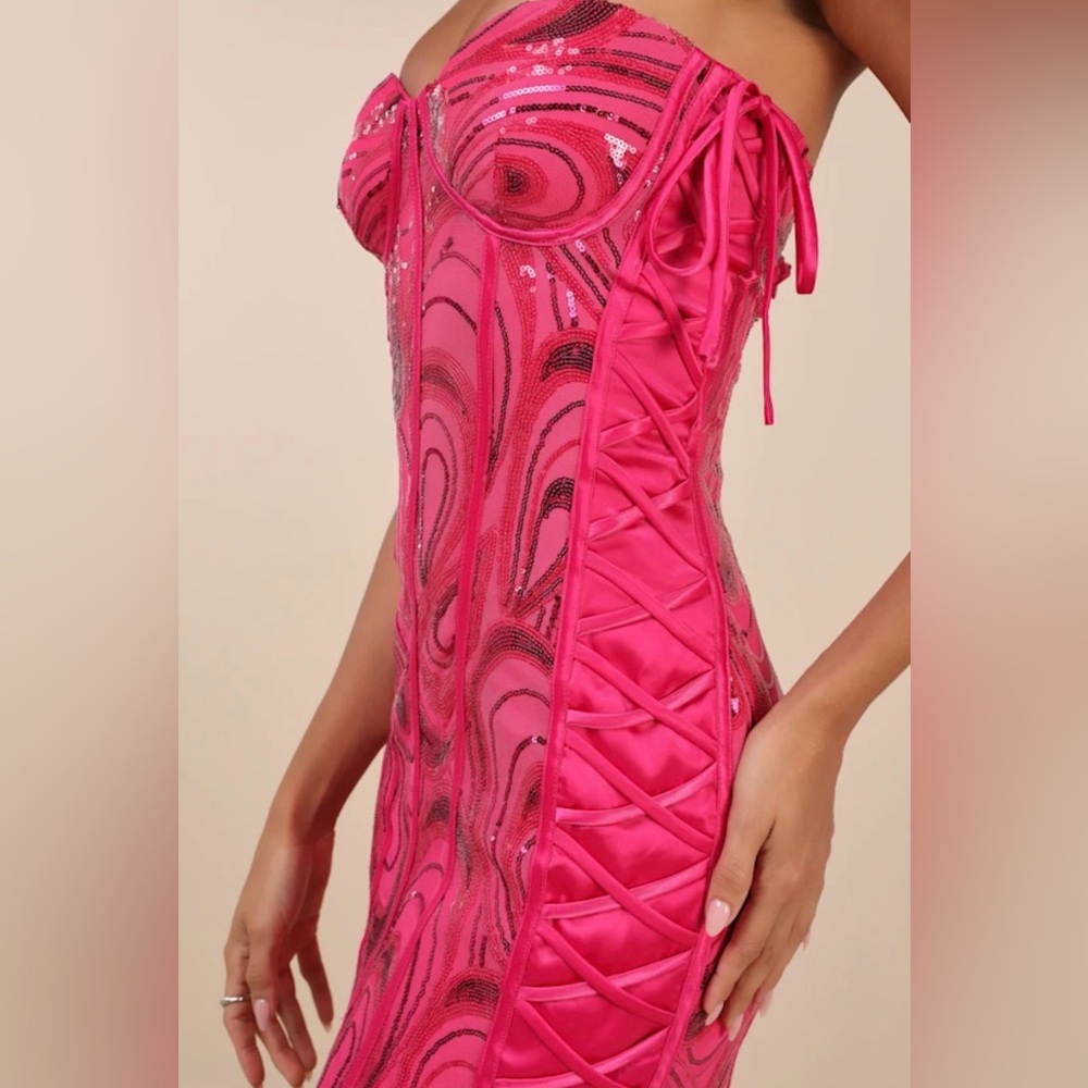 Lulus Enticing Sparkle Hot Pink Sequin Lace-Up Strapless Mini Dress - Picture 3 of 8